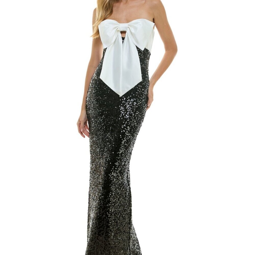 City Studios Ivory Black Sequin Bow Bodice Gown 9 NWT Homecoming Formal